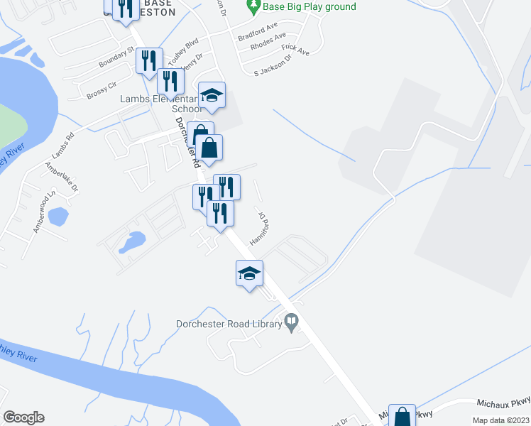 map of restaurants, bars, coffee shops, grocery stores, and more near 6520 Dorchester Road in North Charleston