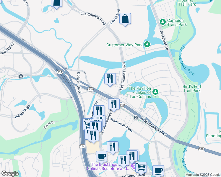 map of restaurants, bars, coffee shops, grocery stores, and more near 5225 Las Colinas Boulevard in Irving