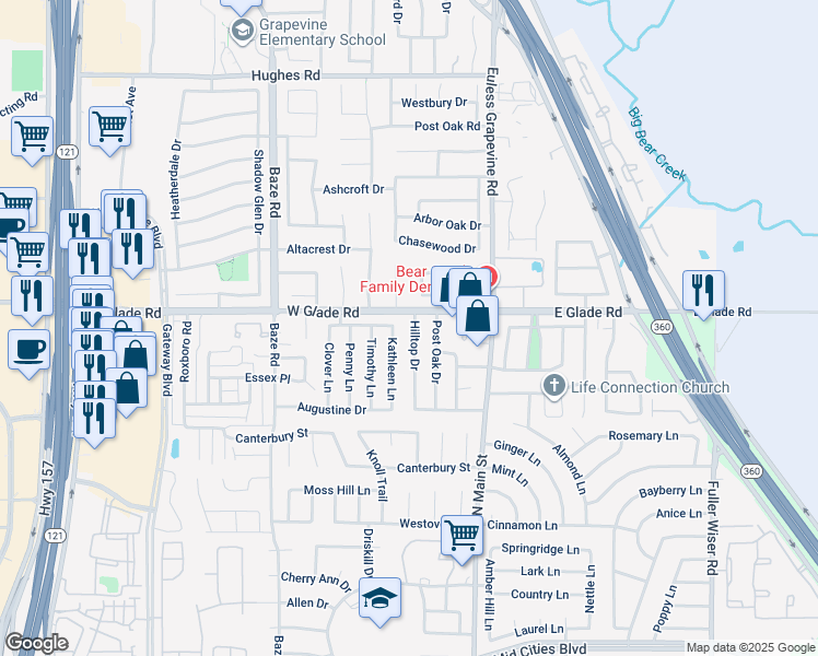 map of restaurants, bars, coffee shops, grocery stores, and more near 3017 Hilltop Drive in Euless