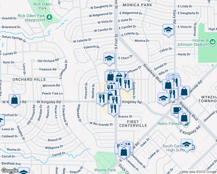 map of restaurants, bars, coffee shops, grocery stores, and more near 3001 South 1st Street in Garland