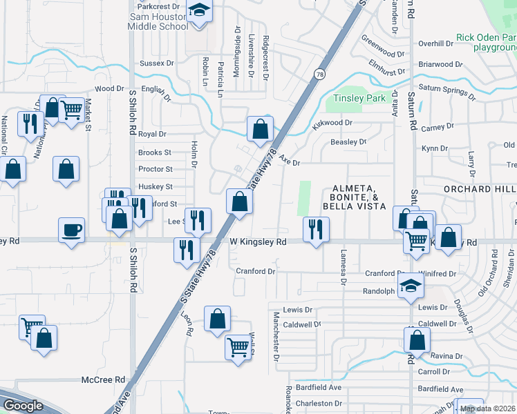 map of restaurants, bars, coffee shops, grocery stores, and more near 3033 Bonita Drive in Garland