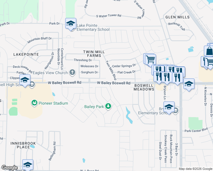 map of restaurants, bars, coffee shops, grocery stores, and more near 5101-5301 West Bailey Boswell Road in Fort Worth