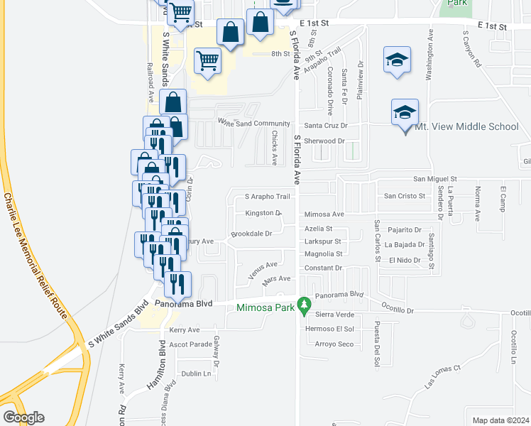 map of restaurants, bars, coffee shops, grocery stores, and more near 604 Kingston Drive in Alamogordo