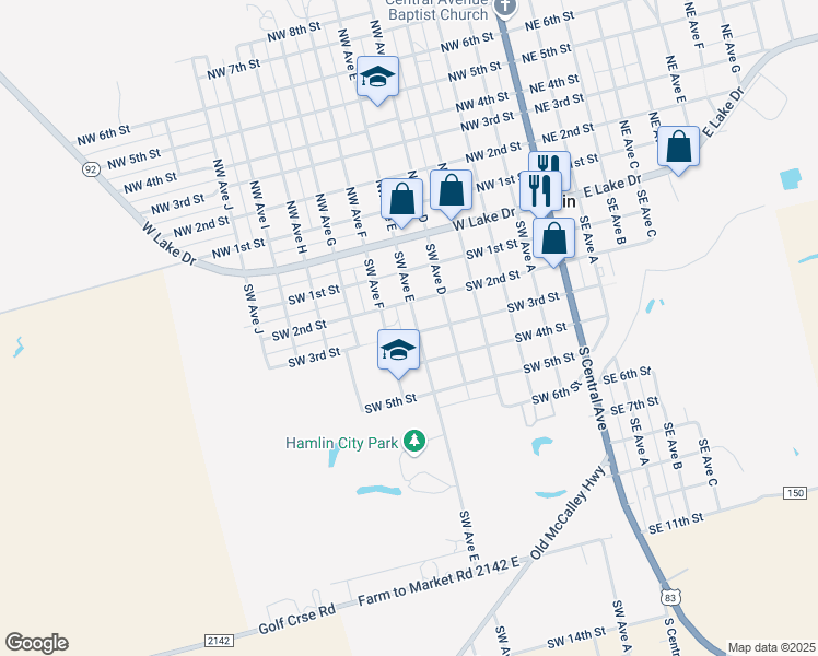 map of restaurants, bars, coffee shops, grocery stores, and more near 333 Southwest Avenue F in Hamlin