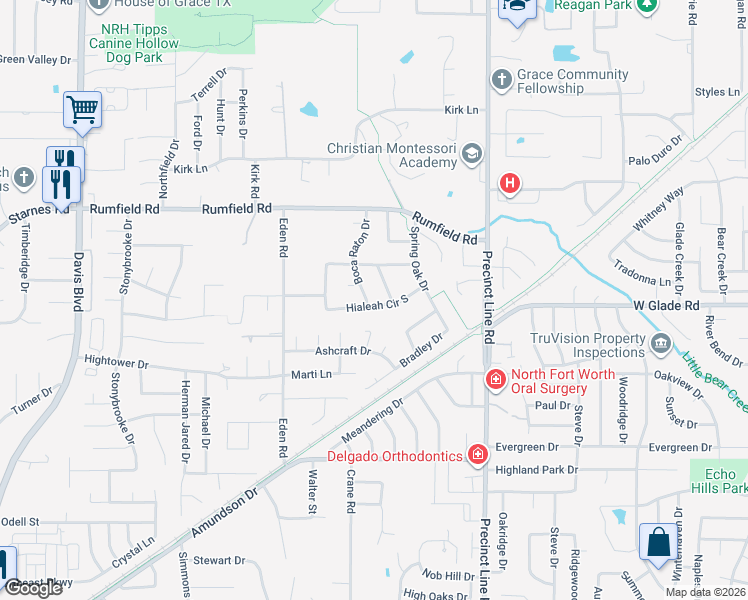 map of restaurants, bars, coffee shops, grocery stores, and more near 7121 Gregg Court in North Richland Hills