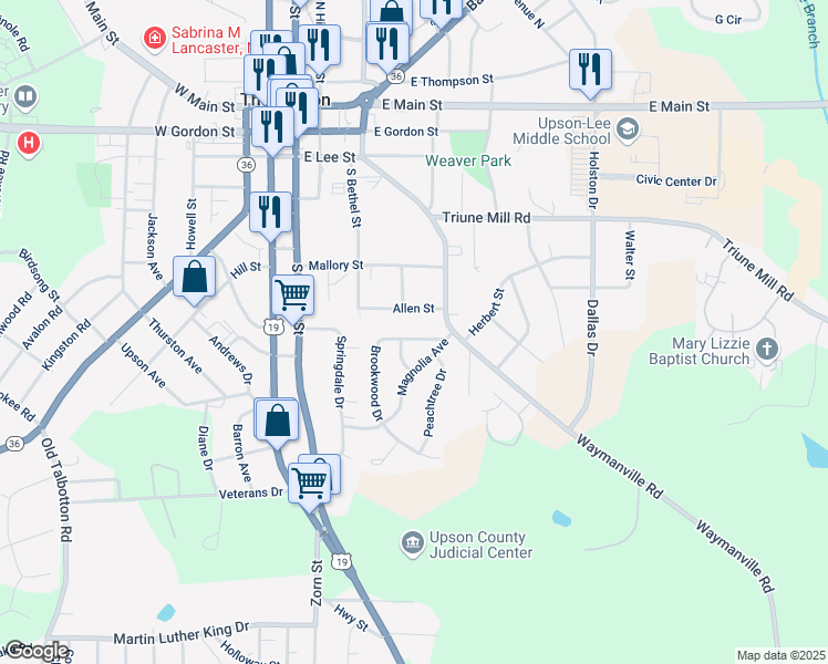 map of restaurants, bars, coffee shops, grocery stores, and more near 406 Brookwood Drive in Thomaston