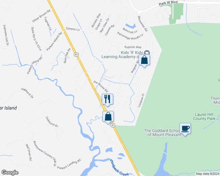map of restaurants, bars, coffee shops, grocery stores, and more near 1556 Joe Rouse Road in Mount Pleasant