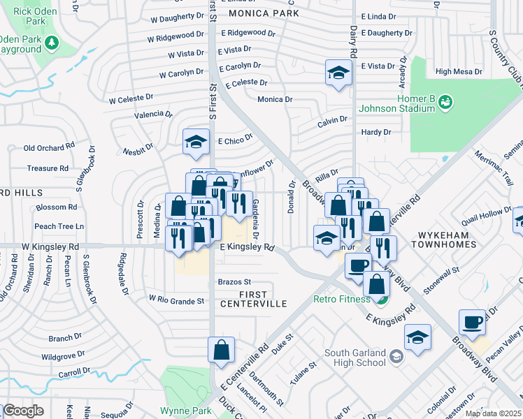 map of restaurants, bars, coffee shops, grocery stores, and more near 3001 Gardenia Drive in Garland