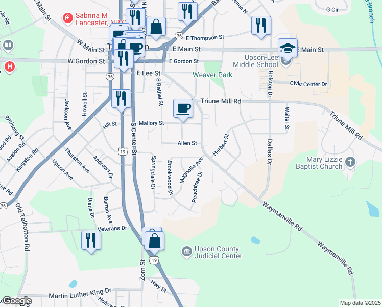 map of restaurants, bars, coffee shops, grocery stores, and more near 406 Brookwood Drive in Thomaston