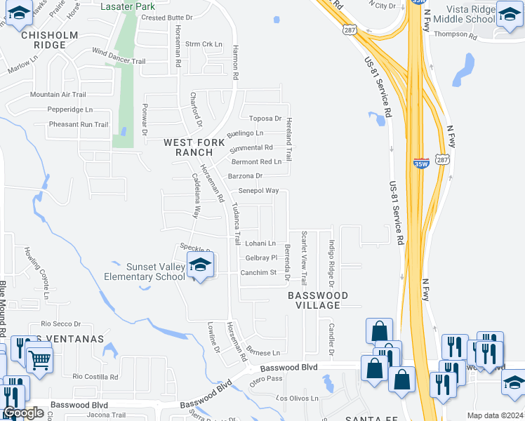 map of restaurants, bars, coffee shops, grocery stores, and more near 7744 Anatolian Way in Fort Worth