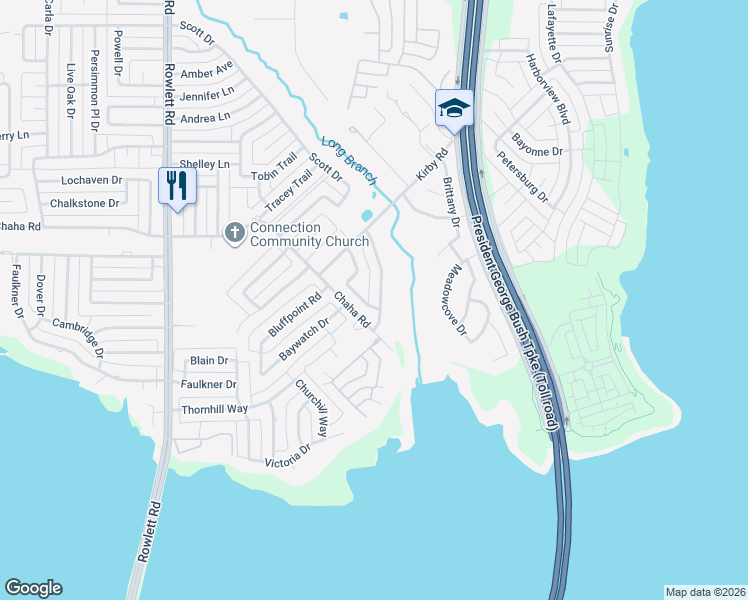 map of restaurants, bars, coffee shops, grocery stores, and more near 4201 Pecan Grove Lane in Rowlett