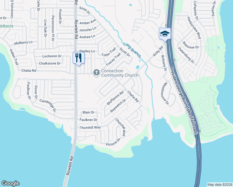 map of restaurants, bars, coffee shops, grocery stores, and more near 4102 Bluffpoint Road in Rowlett