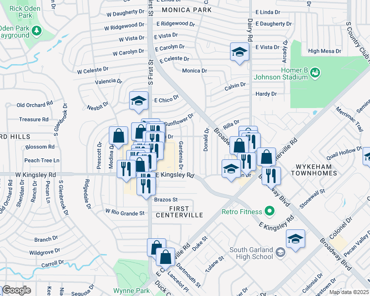 map of restaurants, bars, coffee shops, grocery stores, and more near 3001 Gardenia Drive in Garland