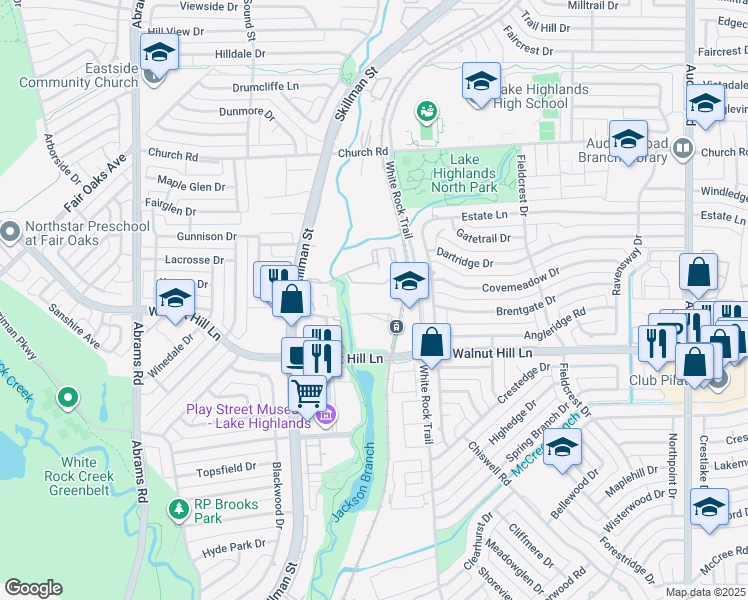 map of restaurants, bars, coffee shops, grocery stores, and more near Whistle Stop Place in Dallas