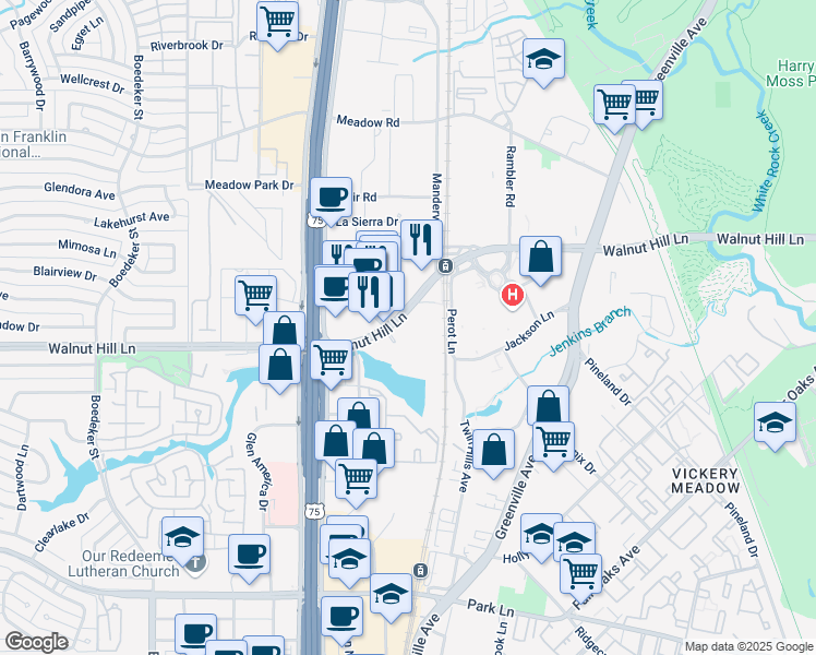 map of restaurants, bars, coffee shops, grocery stores, and more near 8144 Walnut Hill Lane in Dallas