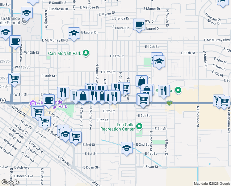 map of restaurants, bars, coffee shops, grocery stores, and more near 904 East 8th Street in Casa Grande