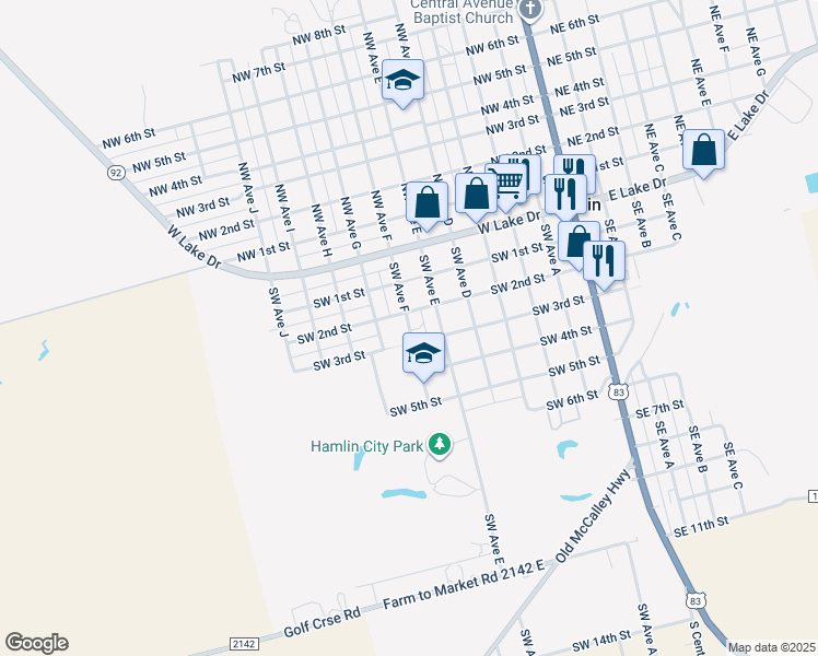 map of restaurants, bars, coffee shops, grocery stores, and more near 250 Southwest Avenue F in Hamlin
