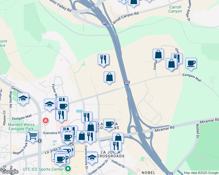 map of restaurants, bars, coffee shops, grocery stores, and more near 4780 Eastgate Mall in San Diego