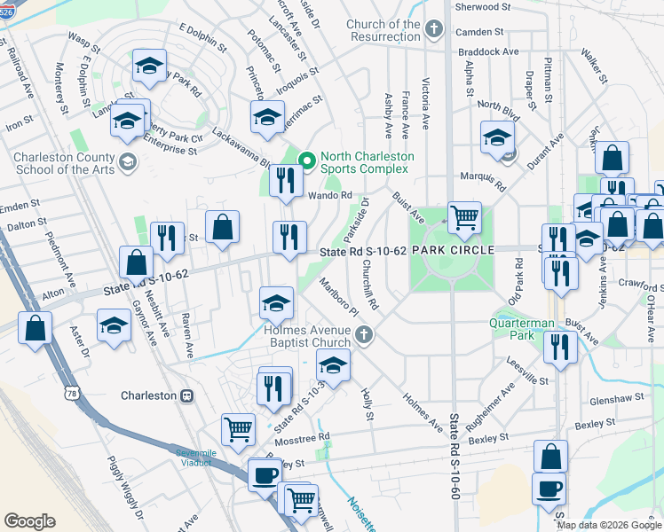 map of restaurants, bars, coffee shops, grocery stores, and more near in North Charleston