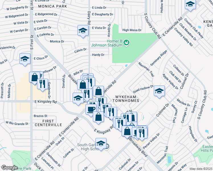 map of restaurants, bars, coffee shops, grocery stores, and more near 909 East Centerville Road in Garland