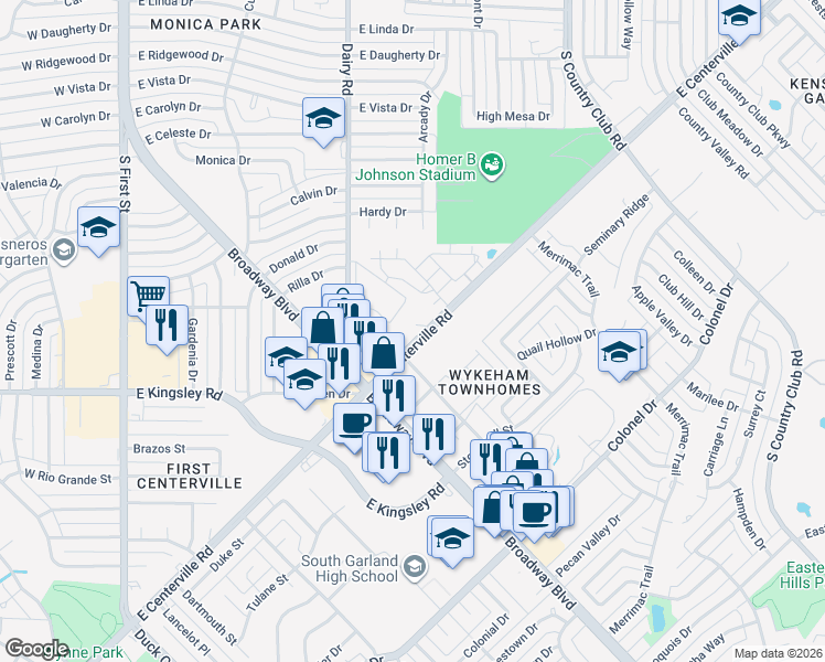 map of restaurants, bars, coffee shops, grocery stores, and more near 909 East Centerville Road in Garland