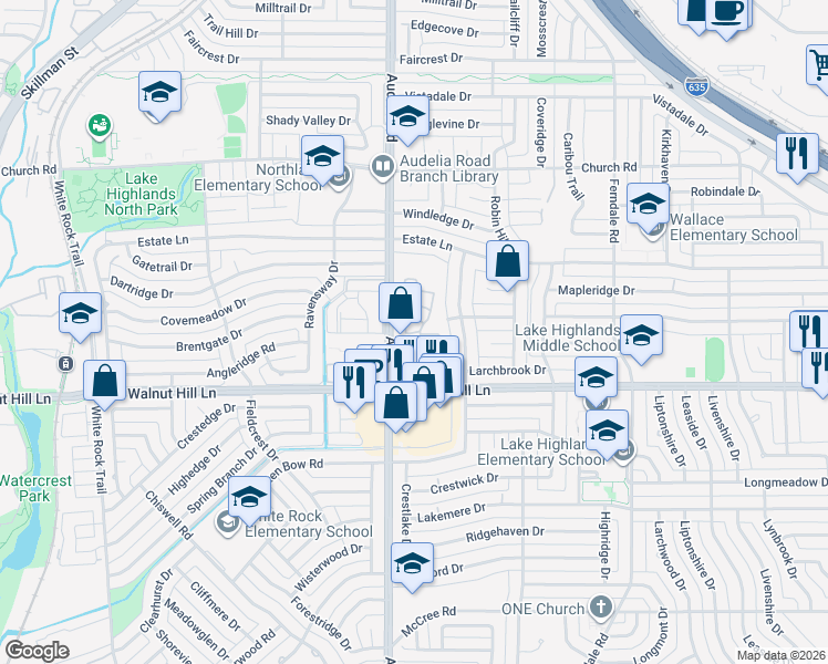 map of restaurants, bars, coffee shops, grocery stores, and more near 9842 Audelia Road in Dallas