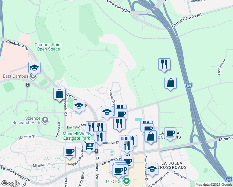 map of restaurants, bars, coffee shops, grocery stores, and more near 9677 Easter Way in San Diego