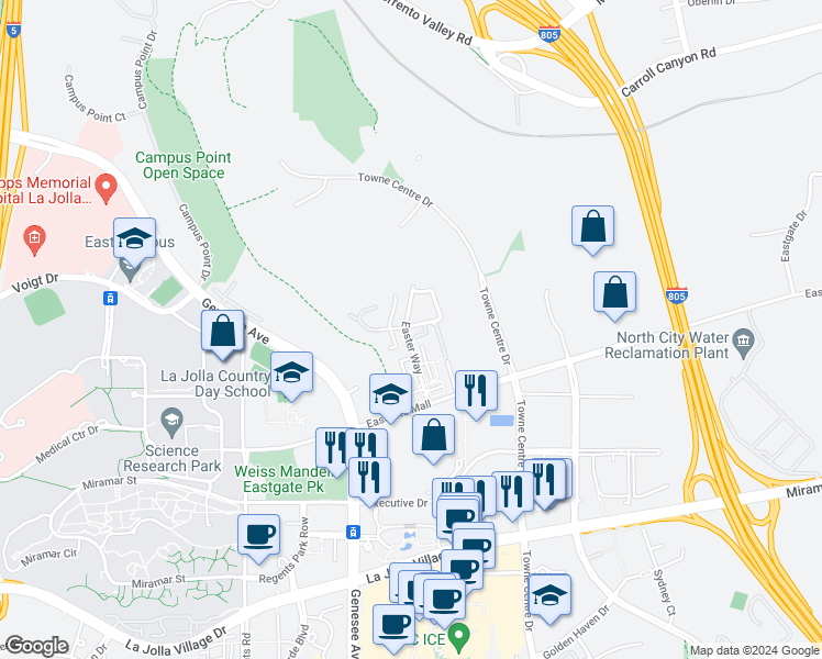map of restaurants, bars, coffee shops, grocery stores, and more near 9677 Easter Way in San Diego