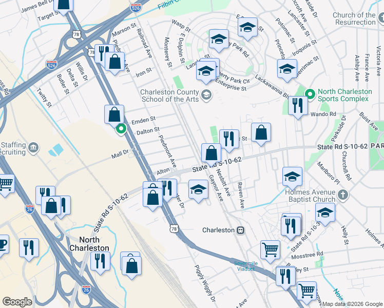 map of restaurants, bars, coffee shops, grocery stores, and more near 1904 Bolton Street in North Charleston