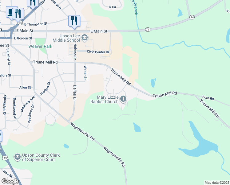 map of restaurants, bars, coffee shops, grocery stores, and more near 574 Triune Avenue in Thomaston
