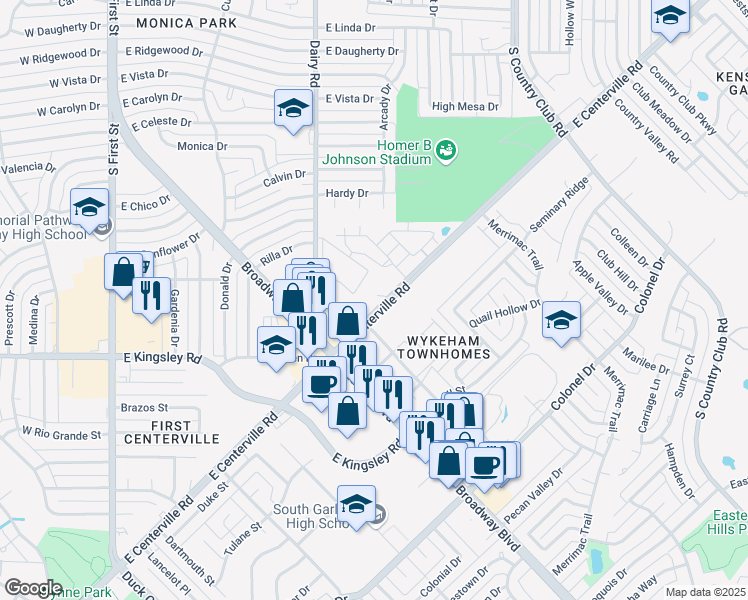 map of restaurants, bars, coffee shops, grocery stores, and more near 917 East Centerville Road in Garland