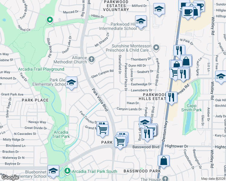 map of restaurants, bars, coffee shops, grocery stores, and more near 5448 Catlow Valley Road in Fort Worth