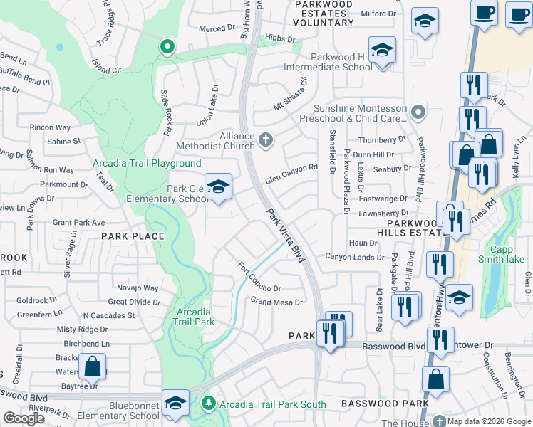 map of restaurants, bars, coffee shops, grocery stores, and more near 7825 Lake Meredith Way in Fort Worth