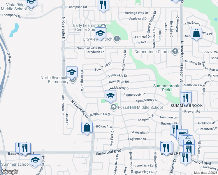 map of restaurants, bars, coffee shops, grocery stores, and more near 3917 River Birch Road in Fort Worth