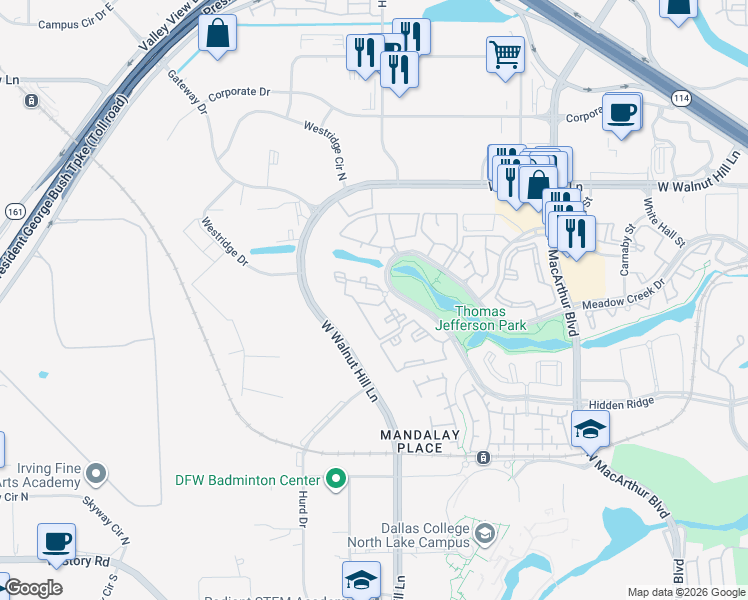 map of restaurants, bars, coffee shops, grocery stores, and more near 1326 Hidden Ridge in Irving