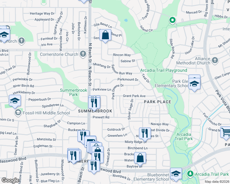 map of restaurants, bars, coffee shops, grocery stores, and more near 4624 Park Downs Drive in Fort Worth