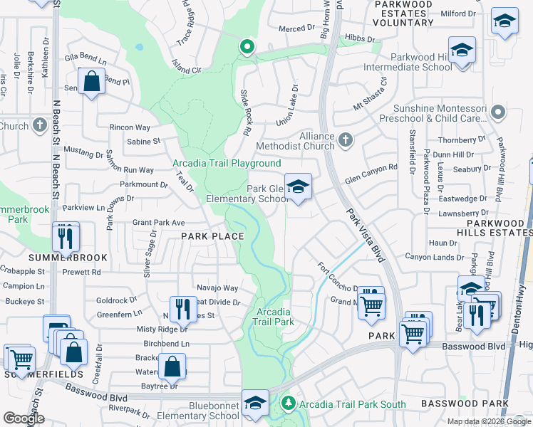 map of restaurants, bars, coffee shops, grocery stores, and more near 7913 Park Ridge Drive in Fort Worth