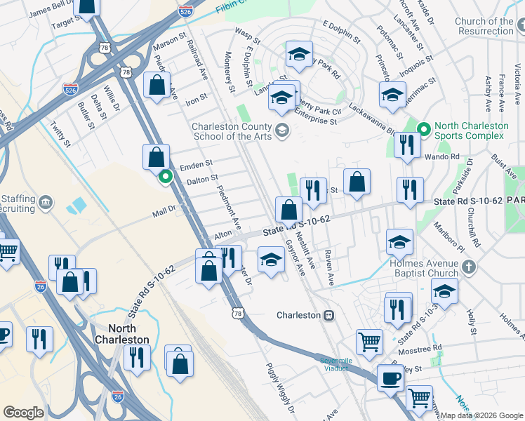 map of restaurants, bars, coffee shops, grocery stores, and more near 1904 Bolton Street in North Charleston