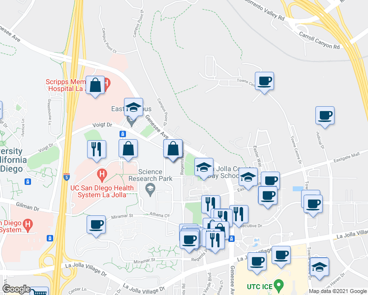 map of restaurants, bars, coffee shops, grocery stores, and more near Genesee Ave & Regents Rd in San Diego