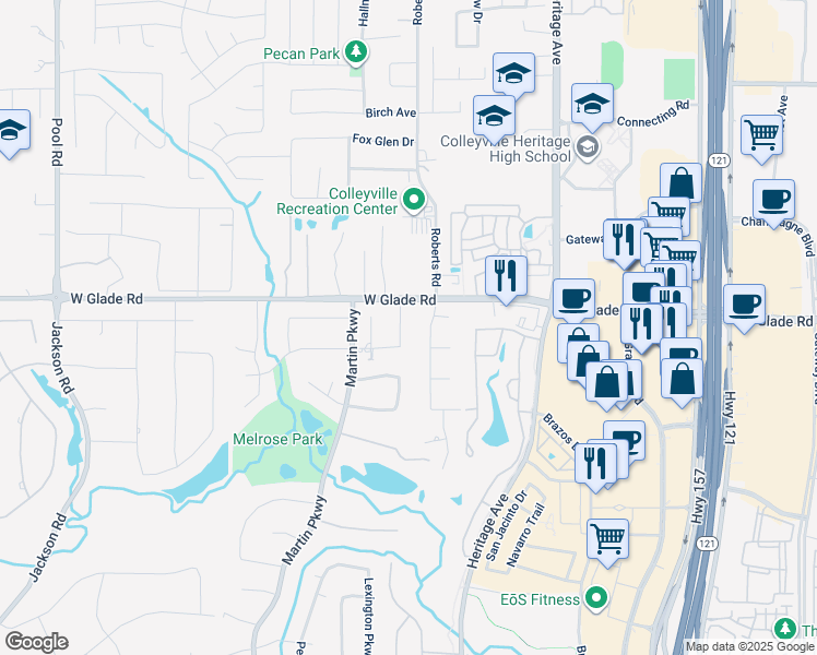 map of restaurants, bars, coffee shops, grocery stores, and more near 4901 Queensbury Way East in Colleyville