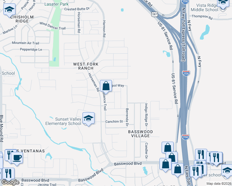 map of restaurants, bars, coffee shops, grocery stores, and more near 7748 Anatolian Way in Fort Worth