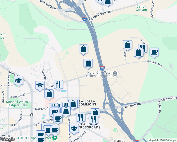map of restaurants, bars, coffee shops, grocery stores, and more near 4780 Eastgate Mall in San Diego