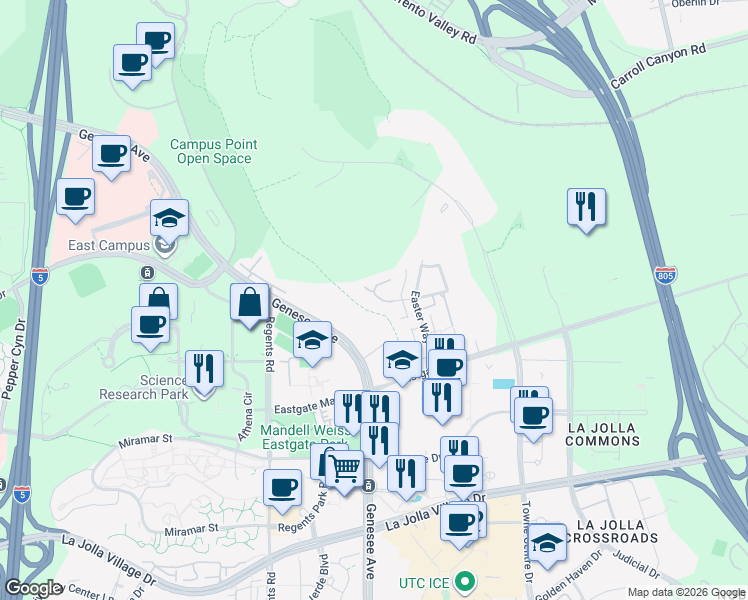 map of restaurants, bars, coffee shops, grocery stores, and more near 4371 Caminito Del Diamante in San Diego