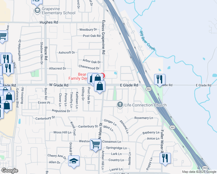 map of restaurants, bars, coffee shops, grocery stores, and more near 103 Crepe myrtle Drive in Euless