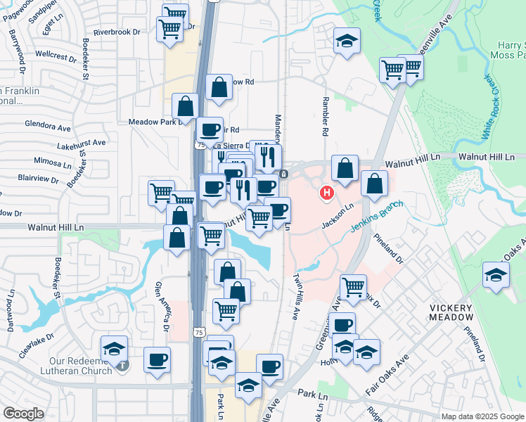map of restaurants, bars, coffee shops, grocery stores, and more near 8144 Walnut Hill Lane in Dallas