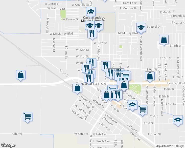 map of restaurants, bars, coffee shops, grocery stores, and more near 320 W 8th St in Casa Grande