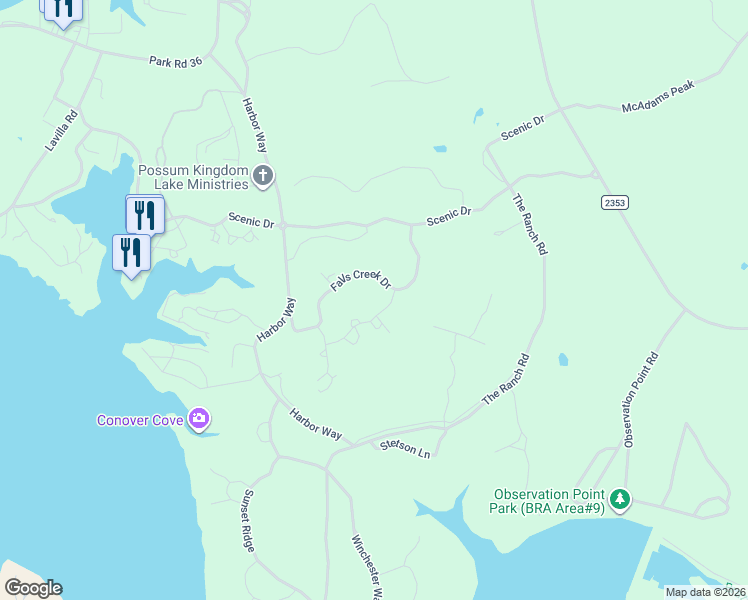 map of restaurants, bars, coffee shops, grocery stores, and more near 1165 Grandview Drive in Graford