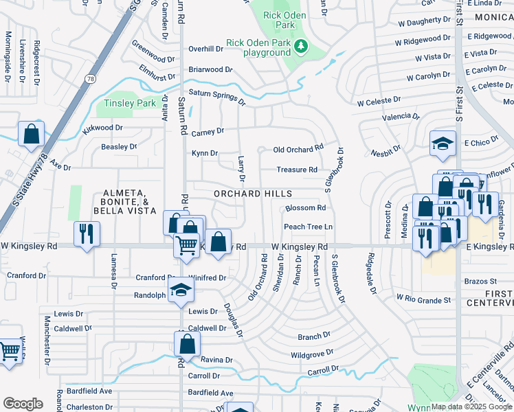 map of restaurants, bars, coffee shops, grocery stores, and more near 2901 Old Orchard Road in Garland