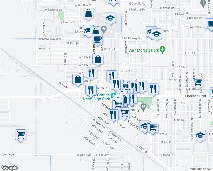 map of restaurants, bars, coffee shops, grocery stores, and more near 815 North Arbor Avenue in Casa Grande