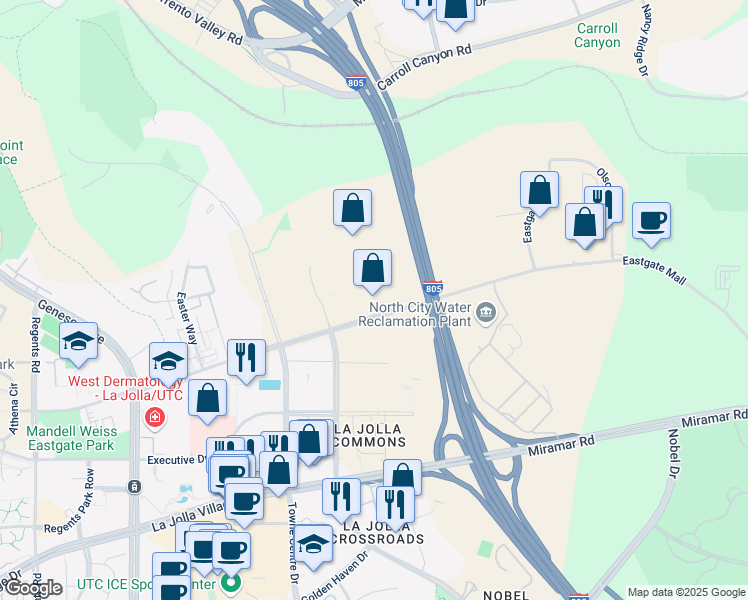 map of restaurants, bars, coffee shops, grocery stores, and more near 4780 Eastgate Mall in San Diego